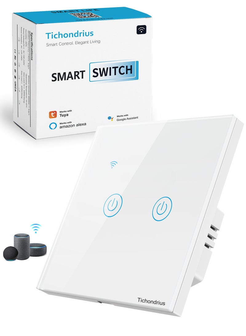 Tichondrius WiFi Smart Wall Light Switch, Compatible with Alexa and Google Home, APP Remote Control, No Neutral Wire Required, No Hub Required, Timing Function, Voice Control (2Gang, White) - Image 1
