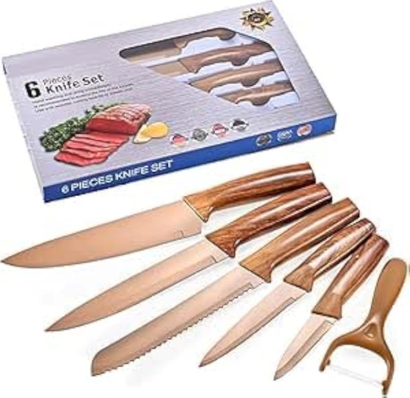 Knife Set 6 Piece Stainless Steel Kitchen Knives with Peeler â€“ Nonstick Coating Chef, Bread, Slicing, Utility & Paring Knives for Home Cooking