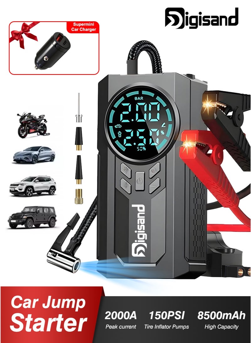 Digisand 4-IN-1 Jump Starter 2000A Portable Cordless Car Battery Emergency Starter 150PSI Tire Air Pump Air Compressor, 8500mAh Power Bank, Auto Battery Booster To Easily Inflate Tires, LED Display, Flashlight, Mobile Power Supply, Large Capacity Storage with Car Charger. - Image 1