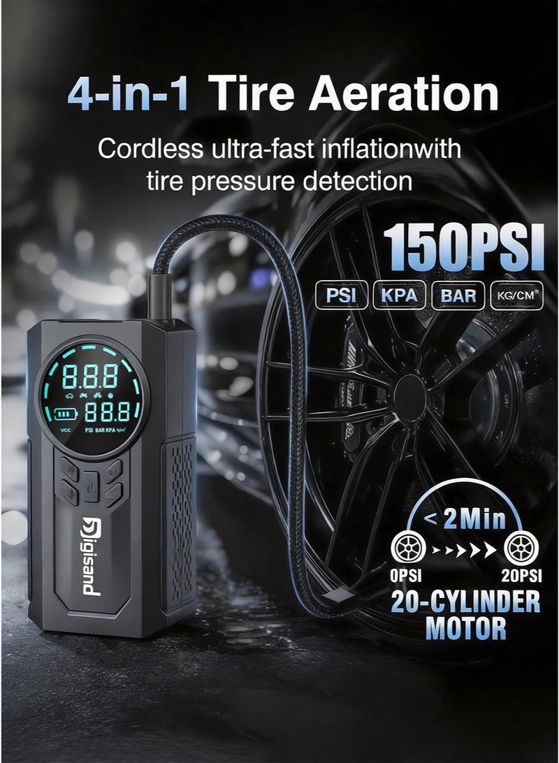 Digisand 4-IN-1 Jump Starter 2000A Portable Cordless Car Battery Emergency Starter 150PSI Tire Air Pump Air Compressor, 8500mAh Power Bank, Auto Battery Booster To Easily Inflate Tires, LED Display, Flashlight, Mobile Power Supply, Large Capacity Storage with Car Charger. - Image 4