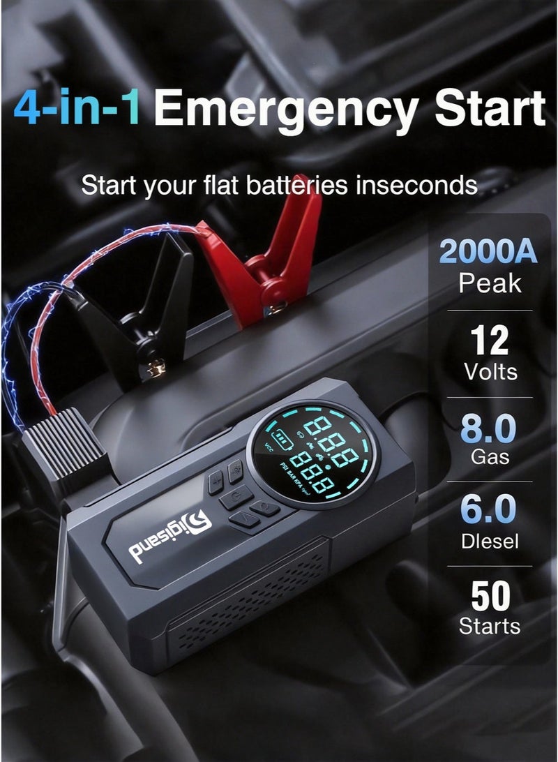 Digisand 4-IN-1 Jump Starter 2000A Portable Cordless Car Battery Emergency Starter 150PSI Tire Air Pump Air Compressor, 8500mAh Power Bank, Auto Battery Booster To Easily Inflate Tires, LED Display, Flashlight, Mobile Power Supply, Large Capacity Storage with Car Charger. - Image 3