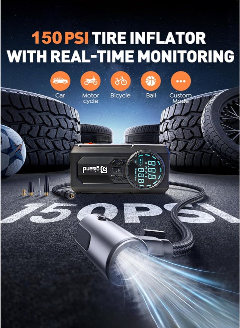 Digisand 4-IN-1 Jump Starter 2000A Portable Cordless Car Battery Emergency Starter 150PSI Tire Air Pump Air Compressor, 8500mAh Power Bank, Auto Battery Booster To Easily Inflate Tires, LED Display, Flashlight, Mobile Power Supply, Large Capacity Storage with Car Charger. - Image 5