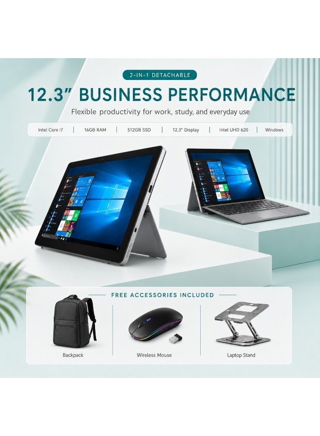 2 in 1 Detachable Laptop 12.3 Inch Touch Display Core i7 16GB RAM 512GB SSD with Wireless Mouse Laptop Backpack and Laptop Stand - Image 1