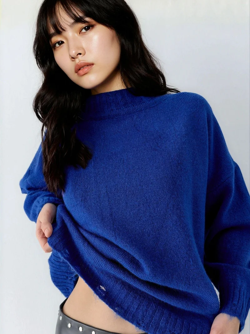 MY FASHION Cobalt Blue MY FASHION Oversized Textured Knit Sweater with Crew Neck for Women | Best Price UAE