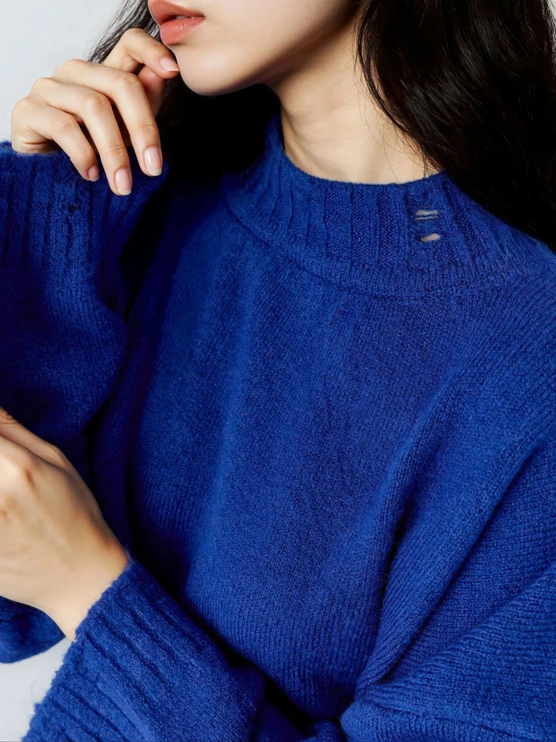 MY FASHION Cobalt Blue MY FASHION Oversized Textured Knit Sweater with Crew Neck for Women | Best Price UAE