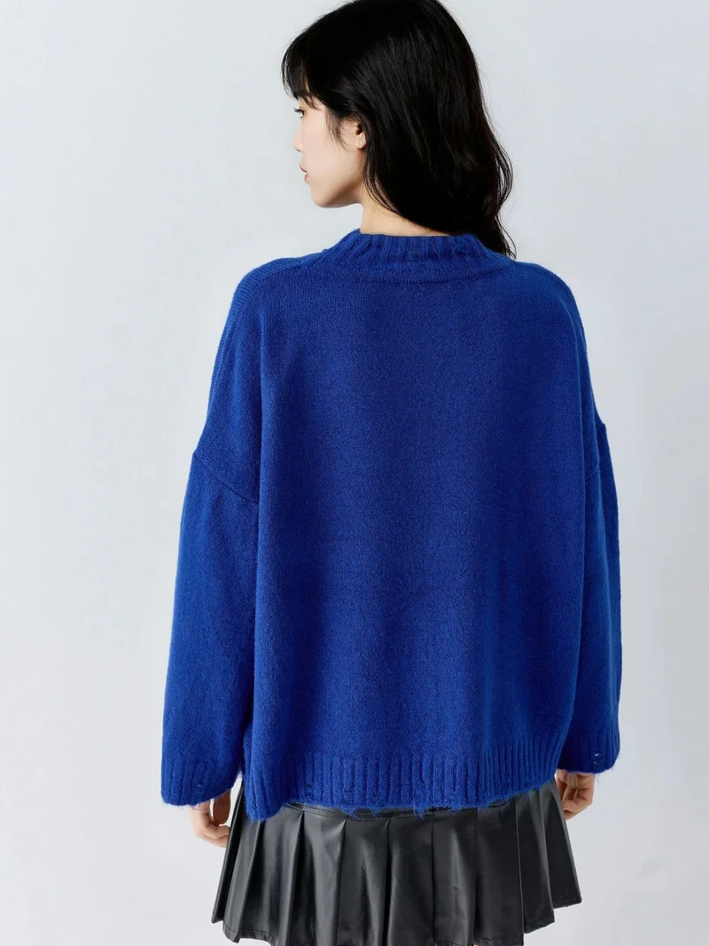 My Fashion Cobalt Blue MY FASHION Oversized Textured Knit Sweater with Crew Neck for Women | Best Price UAE