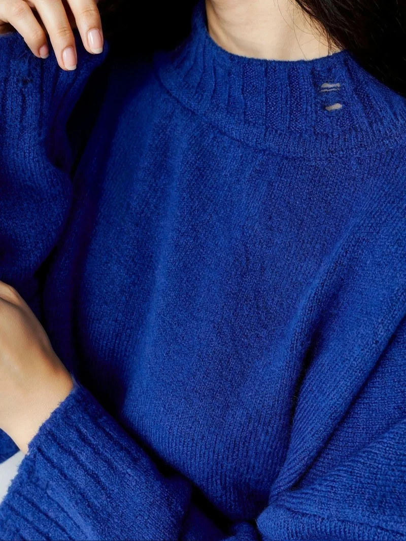 My Fashion Cobalt Blue MY FASHION Oversized Textured Knit Sweater with Crew Neck for Women | Best Price UAE