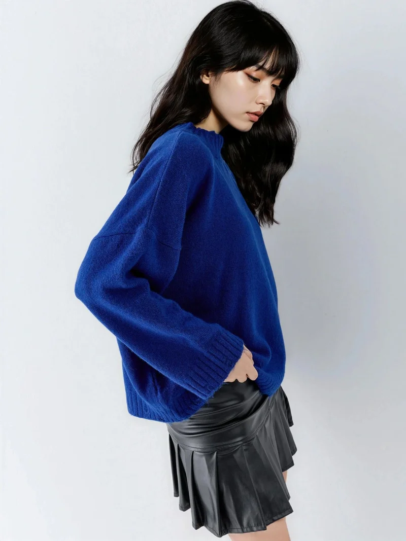 My Fashion Cobalt Blue MY FASHION Oversized Textured Knit Sweater with Crew Neck for Women | Best Price UAE