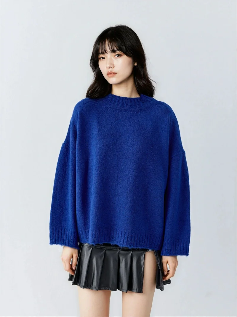MY FASHION Oversized Textured Knit Sweater with Crew Neck