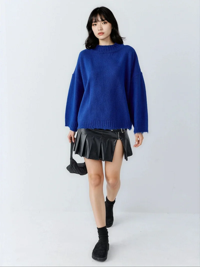 My Fashion Cobalt Blue MY FASHION Oversized Textured Knit Sweater with Crew Neck for Women | Best Price UAE