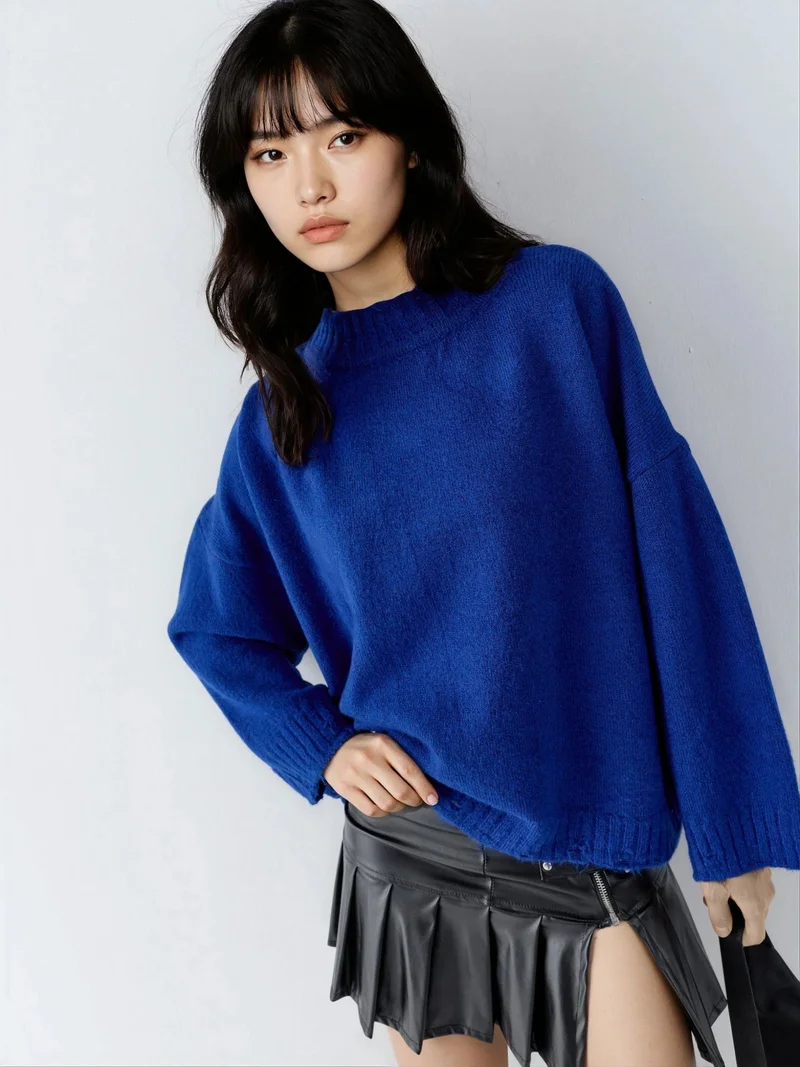 My Fashion Cobalt Blue MY FASHION Oversized Textured Knit Sweater with Crew Neck for Women | Best Price UAE