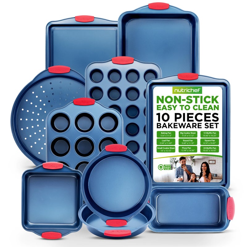 NutriChef 10-Piece Nonstick Bakeware Set - Premium Carbon Steel Baking Pans w/Silicone Handles - Includes Pizza Tray, 12 & 24 Cup Muffin Pans, Cookie Sheets, Round & Square Pans, Loaf Pan - Blue - Image 1