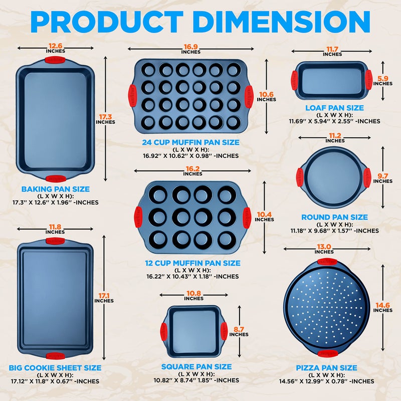 NutriChef 10-Piece Nonstick Bakeware Set - Premium Carbon Steel Baking Pans w/Silicone Handles - Includes Pizza Tray, 12 & 24 Cup Muffin Pans, Cookie Sheets, Round & Square Pans, Loaf Pan - Blue - Image 2