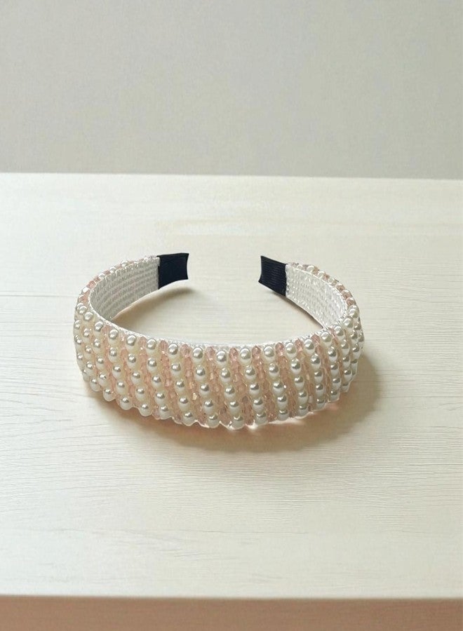 OMID, Elegant Pearl & Pink Beaded Headband for Kids/Women/Girls – Classic Faux Pearl Hairband for Party, Bridal - Image 3