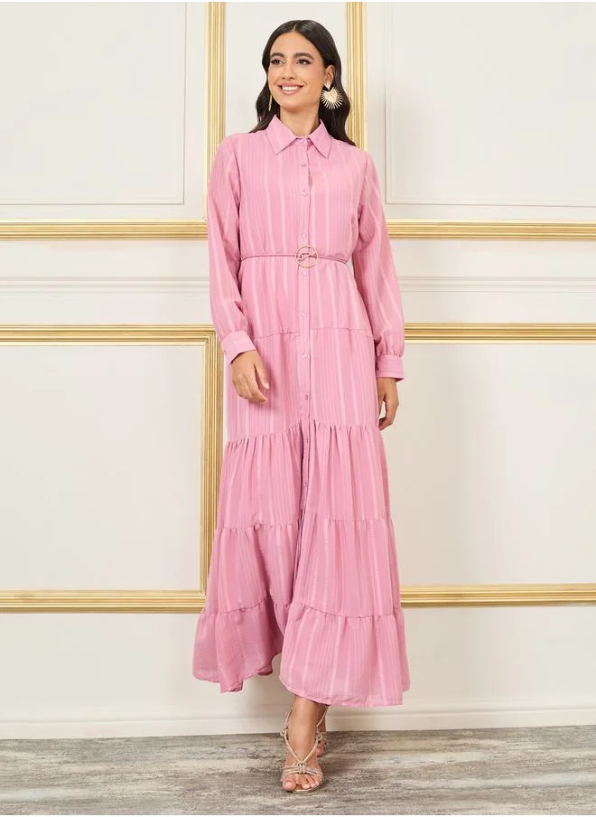 Styli Striped Tiered Shirt Maxi Dress with Buckle Self Tie Up