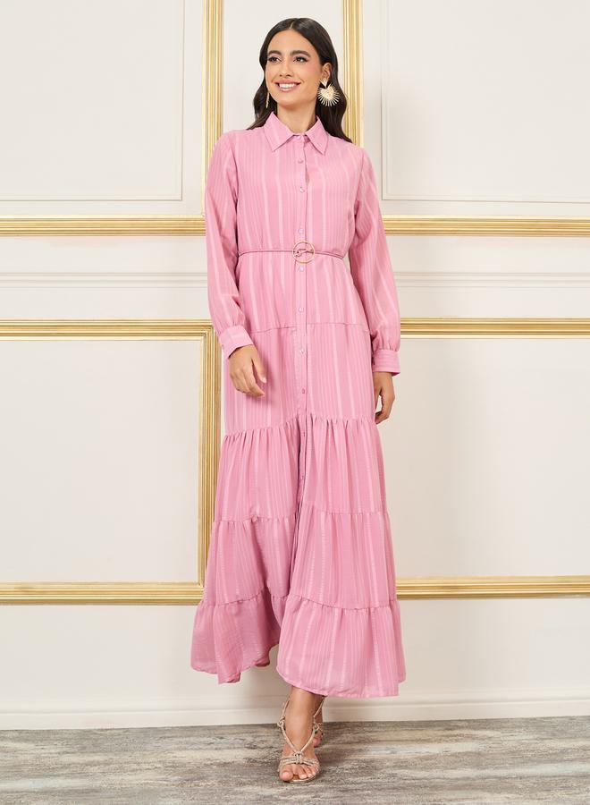 Styli Striped Tiered Shirt Maxi Dress with Buckle Self Tie Up - Image 1