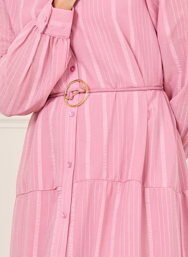 Styli Striped Tiered Shirt Maxi Dress with Buckle Self Tie Up - Image 3