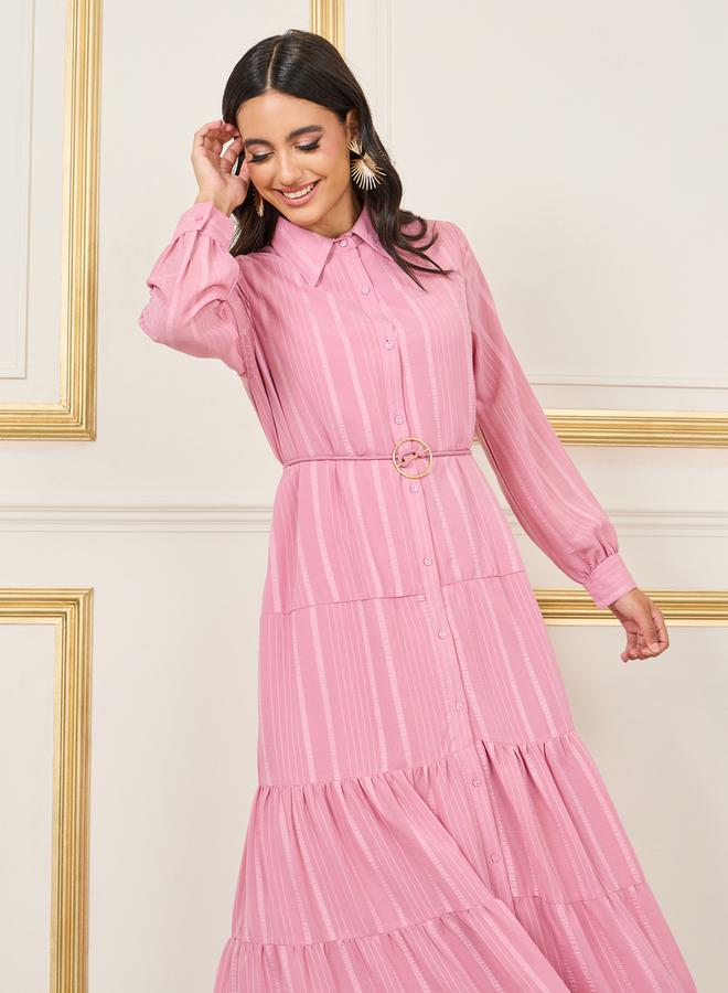 Styli Striped Tiered Shirt Maxi Dress with Buckle Self Tie Up - Image 2