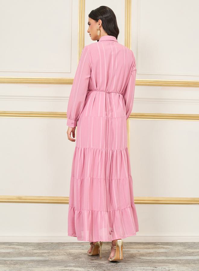 Styli Striped Tiered Shirt Maxi Dress with Buckle Self Tie Up - Image 4