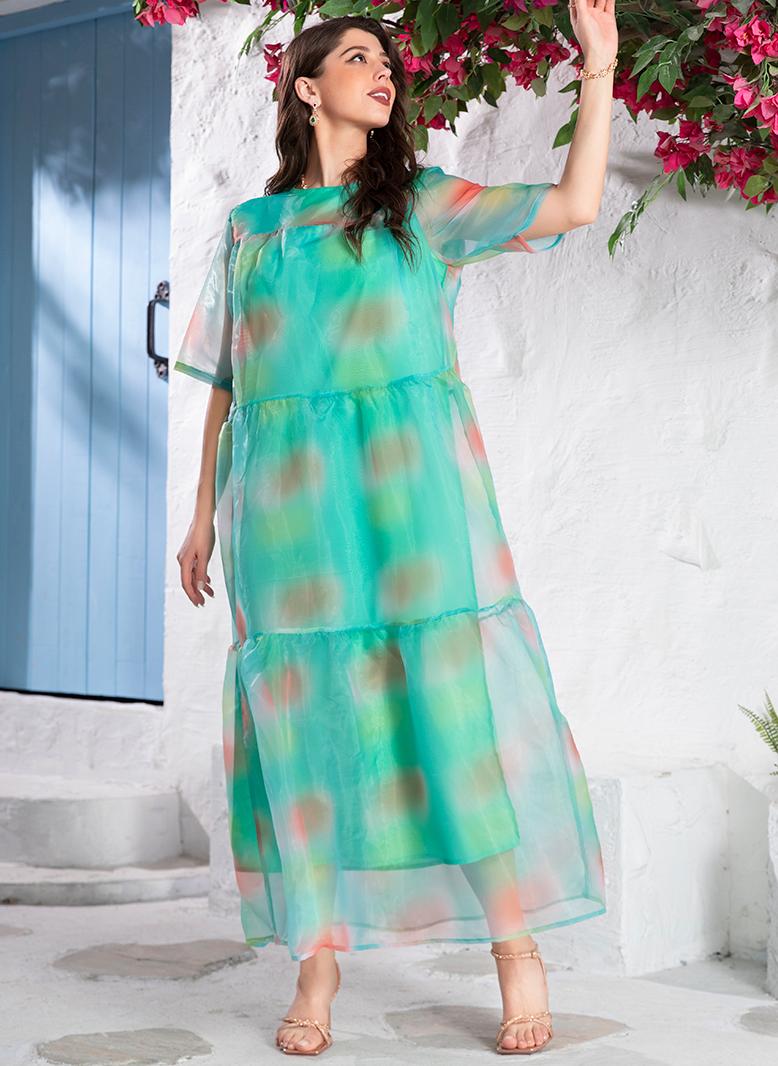 فرايديين لطيف دائري صبغ متعادل المتدرج بطانه كم منتظم فساتين طويلة اخضر - Image 1