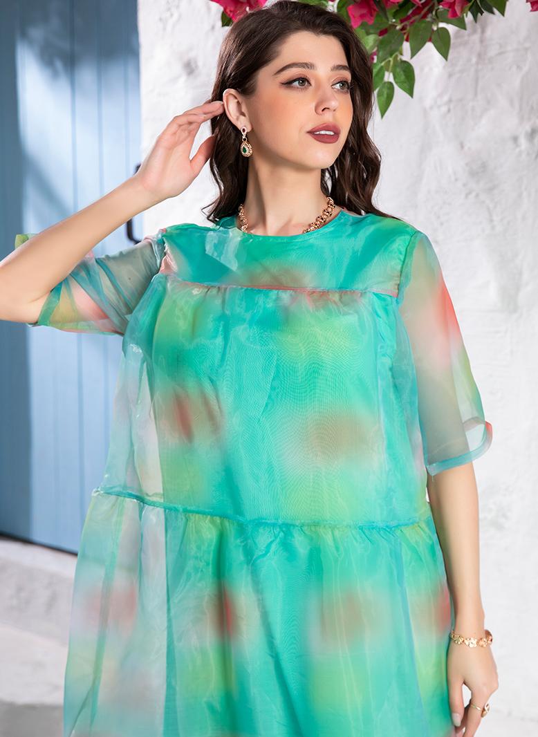 فرايديين لطيف دائري صبغ متعادل المتدرج بطانه كم منتظم فساتين طويلة اخضر - Image 3