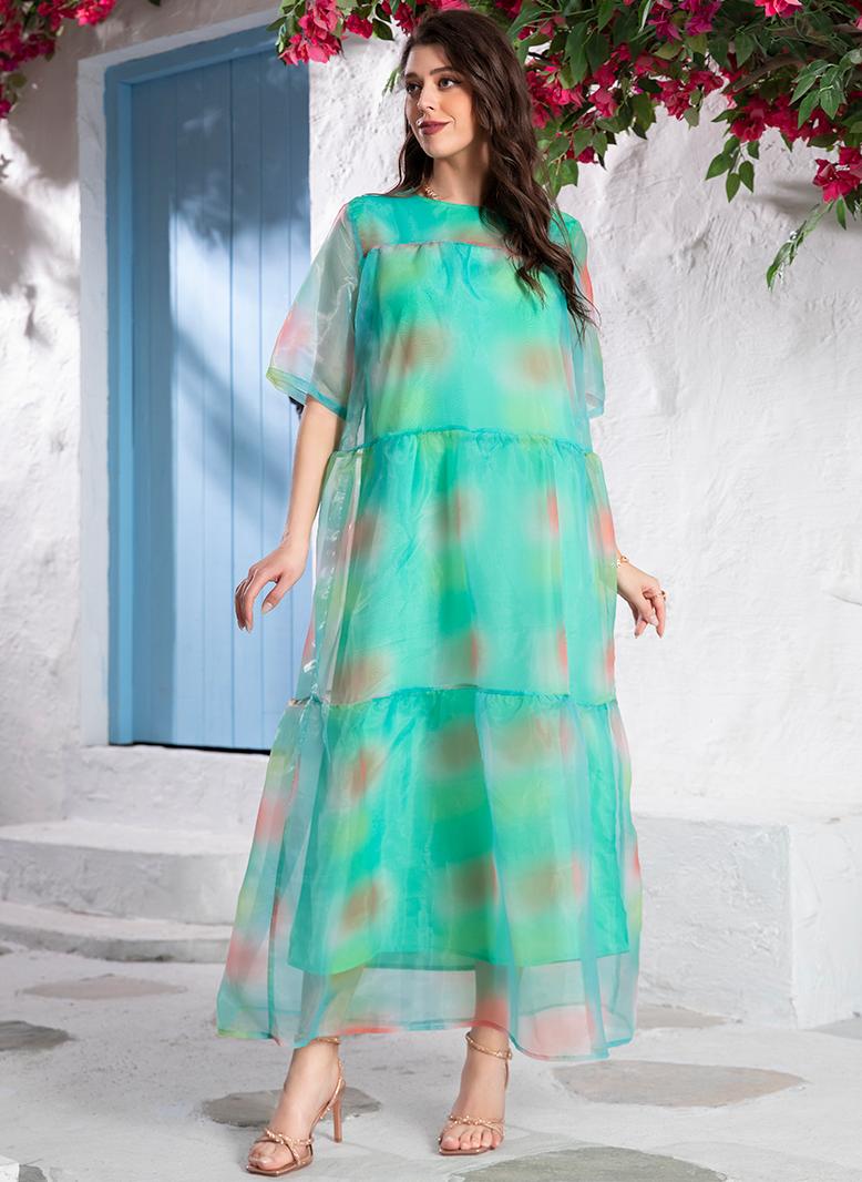 فرايديين لطيف دائري صبغ متعادل المتدرج بطانه كم منتظم فساتين طويلة اخضر - Image 4