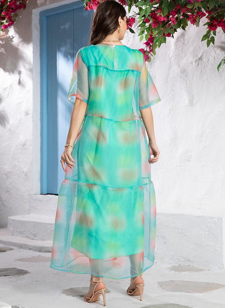 فرايديين لطيف دائري صبغ متعادل المتدرج بطانه كم منتظم فساتين طويلة اخضر - Image 2