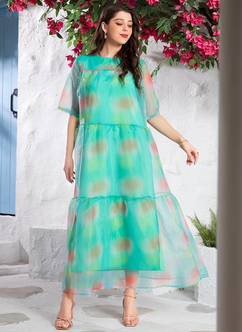 فرايديين لطيف دائري صبغ متعادل المتدرج بطانه كم منتظم فساتين طويلة اخضر - Image 5