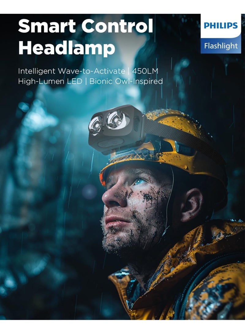 Philips 5W Rechargeable LED Headlamp | 450 Lumens Brightness | 1000mAh Battery | Hands-Free Smart Gesture Control | 140° Adjustable Tilt | Comfortable Headband | Splash-Proof Type-C Charging | Headlight for Camping, Hiking, Fishing & Cycling black - Image 2