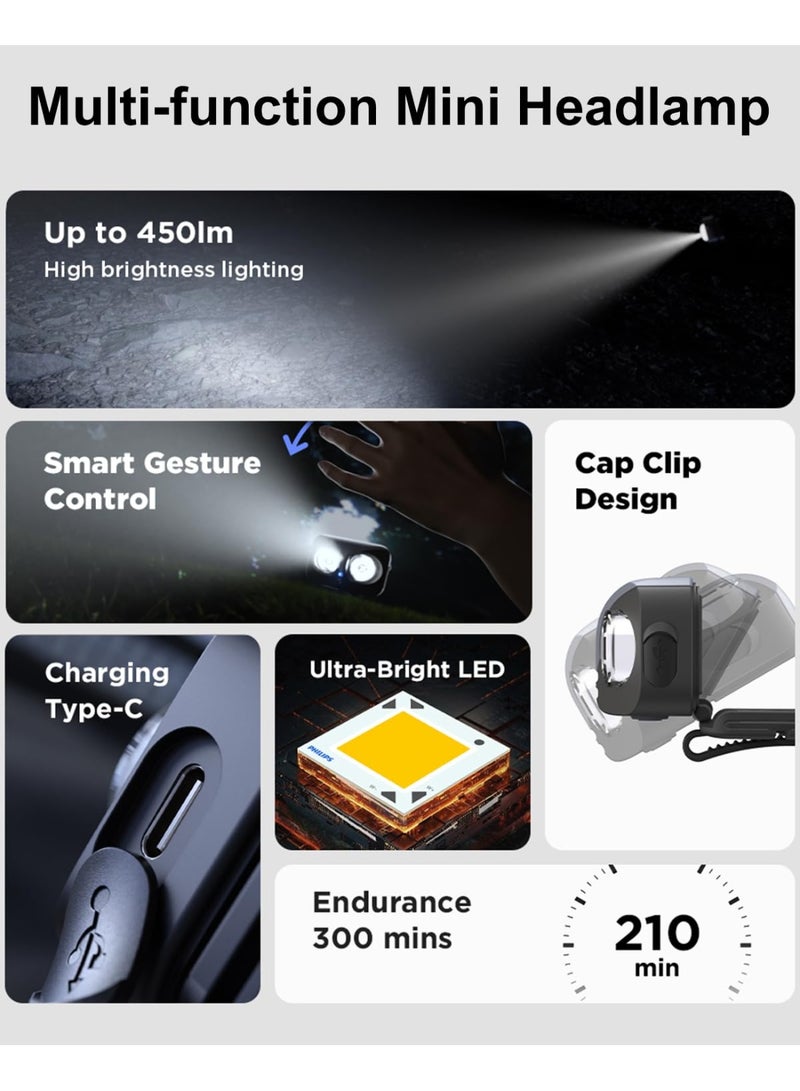 Philips 5W Rechargeable LED Headlamp | 450 Lumens Brightness | 1000mAh Battery | Hands-Free Smart Gesture Control | 140° Adjustable Tilt | Comfortable Headband | Splash-Proof Type-C Charging | Headlight for Camping, Hiking, Fishing & Cycling black - Image 4