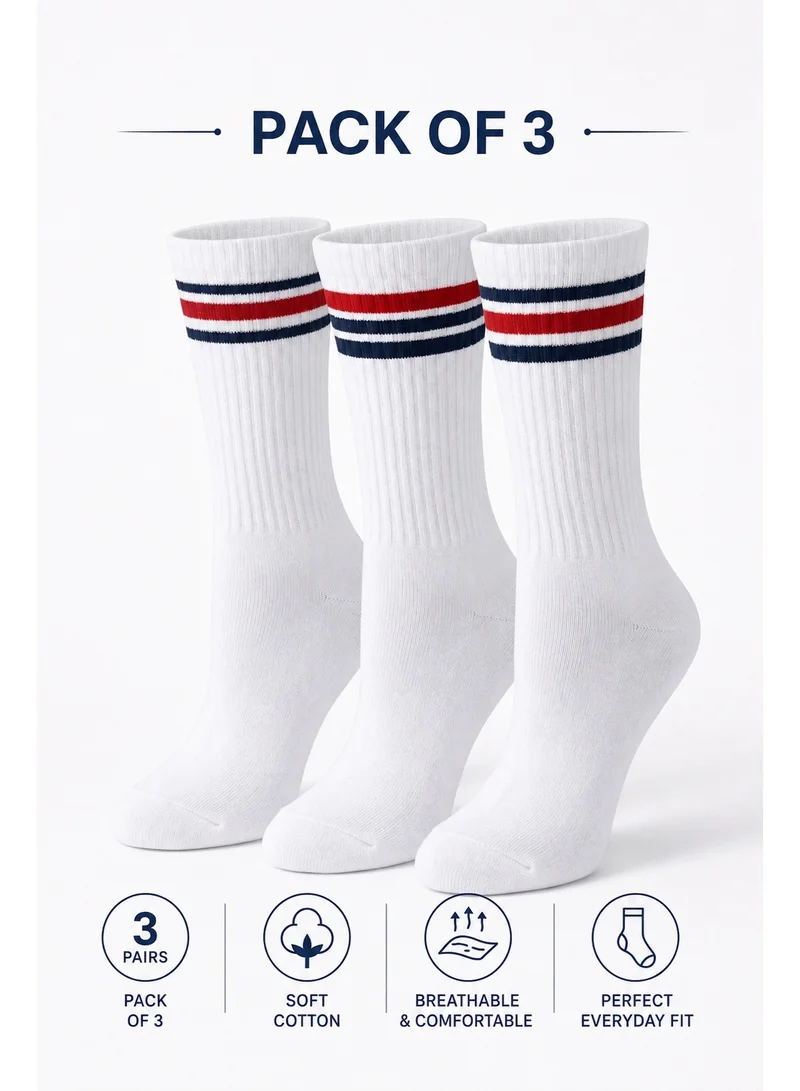 Victor And Jane Boys 3 Pairs Cotton rich ribbed Red/Navy Tipped Crew Length Sports Socks