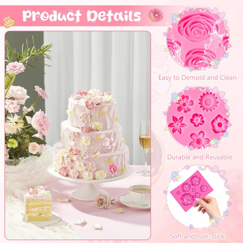 TecoKart® 5Pcs Flower Chocolate Moulds Set Silicone, DIY Fondant Tools for Cake Decorating, Soap Mold for Candle, Jelly, Pudding, and Chocolate Truffles Making - Image 3