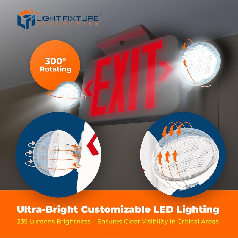 Light Fixture Industries LFI Lights® Compact COMBO, UL 924 Listed Exit Sign with Emergency Lights, Red LED, White, 120/277VAC Hardwired with Battery Backup, Optional Double Face and Knock Out Arrows COMBOJR2RWBB - Image 3
