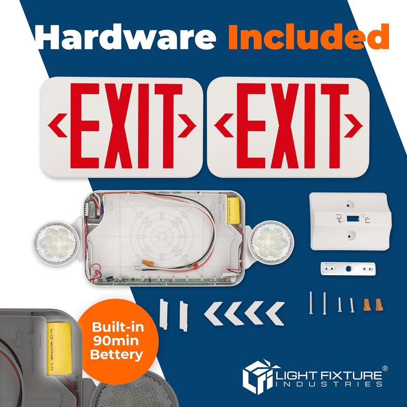 Light Fixture Industries LFI Lights® Compact COMBO, UL 924 Listed Exit Sign with Emergency Lights, Red LED, White, 120/277VAC Hardwired with Battery Backup, Optional Double Face and Knock Out Arrows COMBOJR2RWBB - Image 5