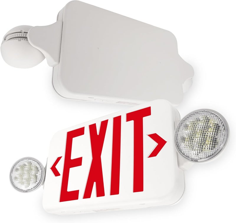 Light Fixture Industries LFI Lights® Compact COMBO, UL 924 Listed Exit Sign with Emergency Lights, Red LED, White, 120/277VAC Hardwired with Battery Backup, Optional Double Face and Knock Out Arrows COMBOJR2RWBB - Image 1
