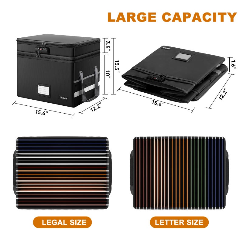 DocSafe File Box with Lock,Multi-Layer Fireproof Document Box Collapsible File Storage Organizer with Pockets/Handle,Large Portable Home Office Filing Box for Hanging Letter/Legal Size Folders,Black - Image 5