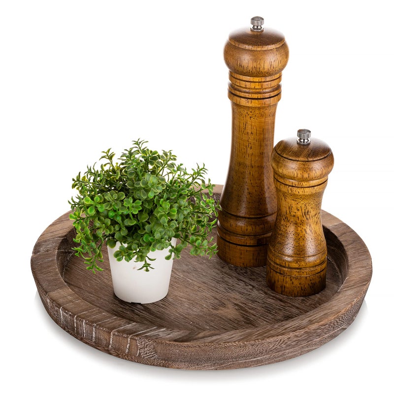 Hanobe Rustic Wooden Serving Tray Round Wood Butler Decorative Tray Vintage Centerpiece Candle Holder Trays Farmhouse Ottoman Tray for Decor Countertop Home Decor Accessories for Coffee Table