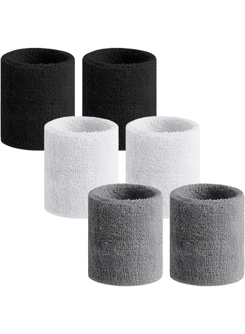 3 أزواج الرياضة معصم Sweatbands، 6 حزمة امتصاص تيري القماش الرياضية معصم الفرق للصالة الرياضية، كرة السلة، التنس، الجري، التمرين Unisex معصم العرق، الأسود الأبيض الرمادي - Image 1
