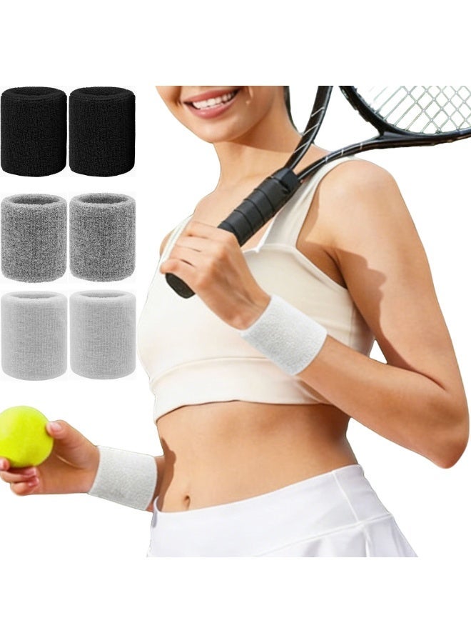 3 أزواج الرياضة معصم Sweatbands، 6 حزمة امتصاص تيري القماش الرياضية معصم الفرق للصالة الرياضية، كرة السلة، التنس، الجري، التمرين Unisex معصم العرق، الأسود الأبيض الرمادي - Image 2