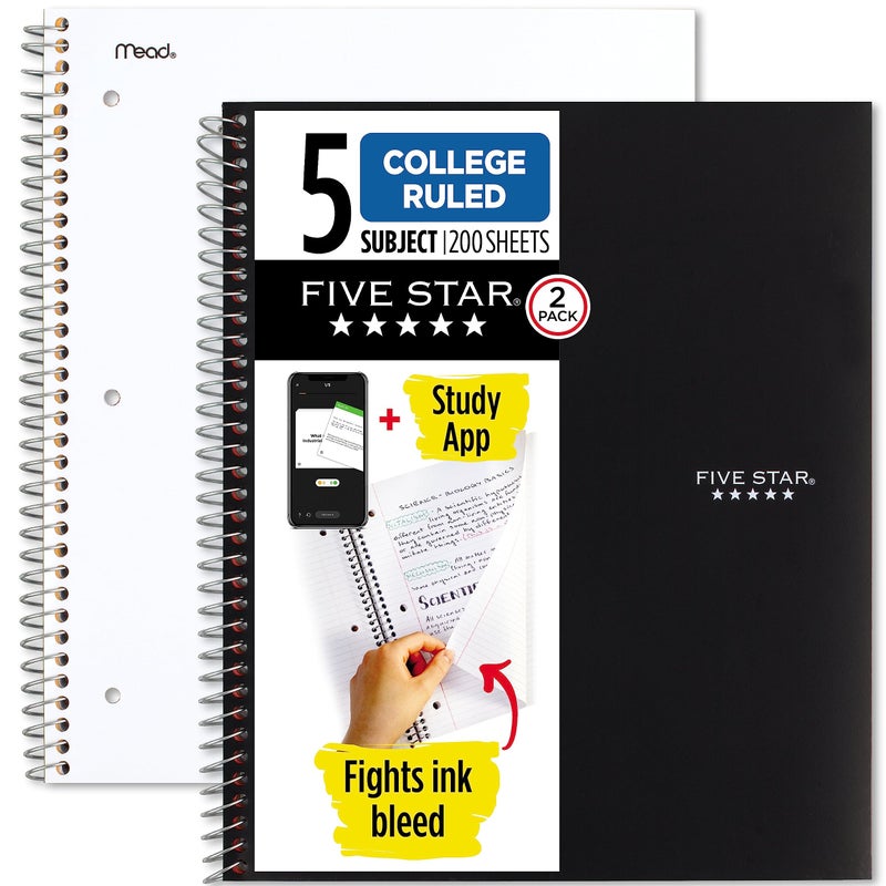 Five Star Spiral Notebooks Plus Study App, 2 Pack, 5 Subject, College Ruled Paper, 11" x 8-1/2", 200 Sheets, Black & White (73035) - Image 1