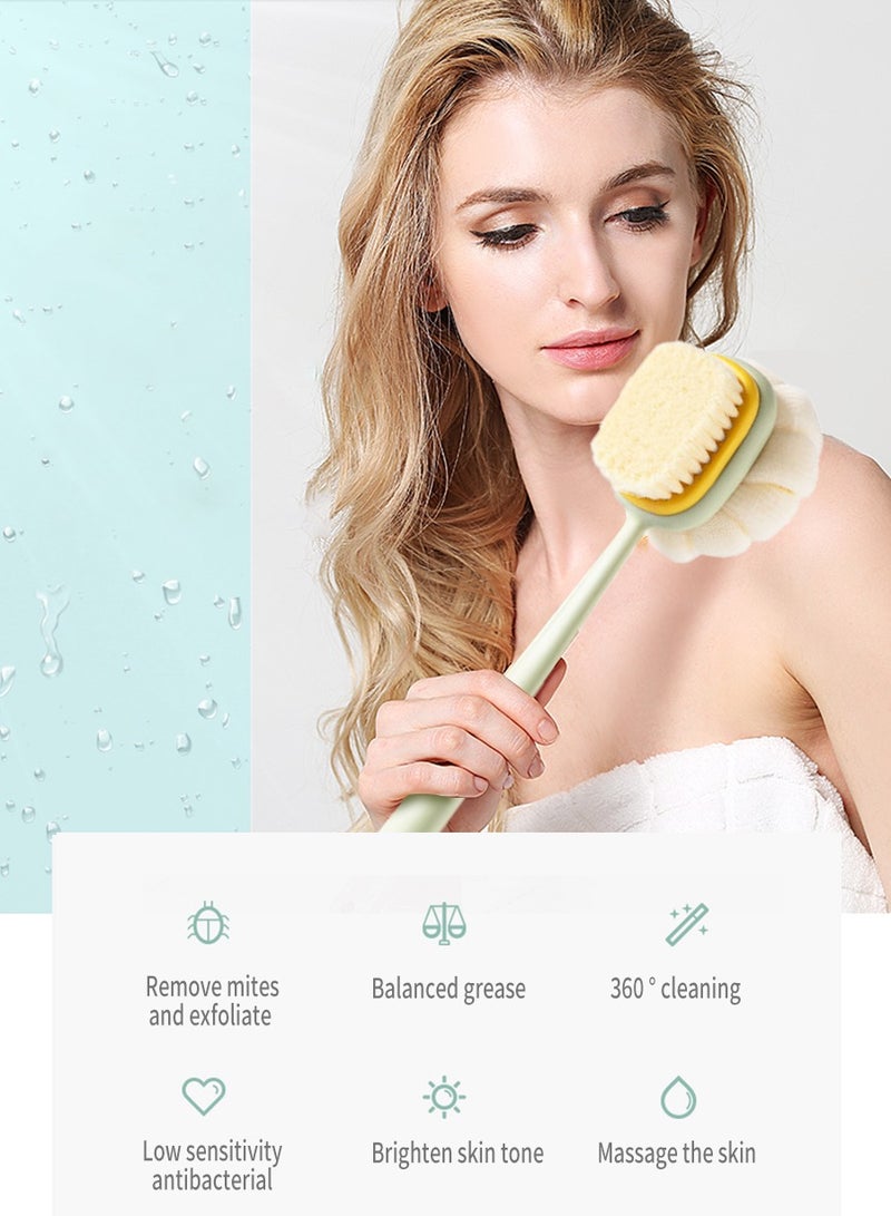 بيروي فرشاة استحمام 2 في 1، شعيرات تدليك وإسفنجة شبكية فرشاة استحمام بمقبض طويل لتنظيف البشرة وتقشيرها رطبة أو جافة - Image 3