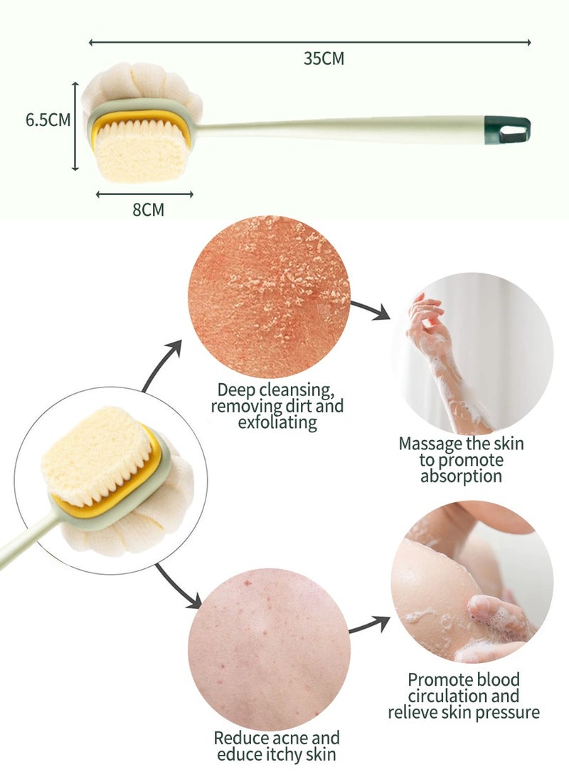 بيروي فرشاة استحمام 2 في 1، شعيرات تدليك وإسفنجة شبكية فرشاة استحمام بمقبض طويل لتنظيف البشرة وتقشيرها رطبة أو جافة - Image 2