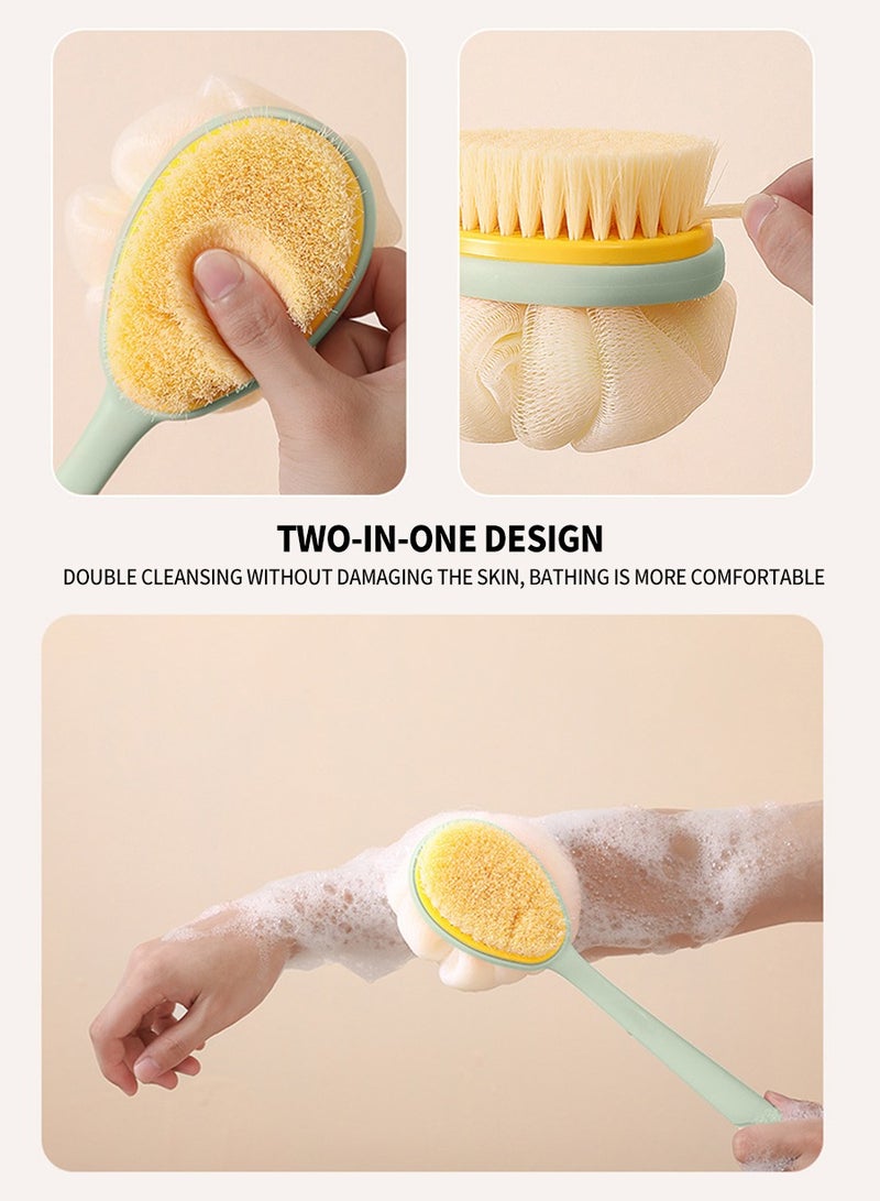 بيروي فرشاة استحمام 2 في 1، شعيرات تدليك وإسفنجة شبكية فرشاة استحمام بمقبض طويل لتنظيف البشرة وتقشيرها رطبة أو جافة - Image 5