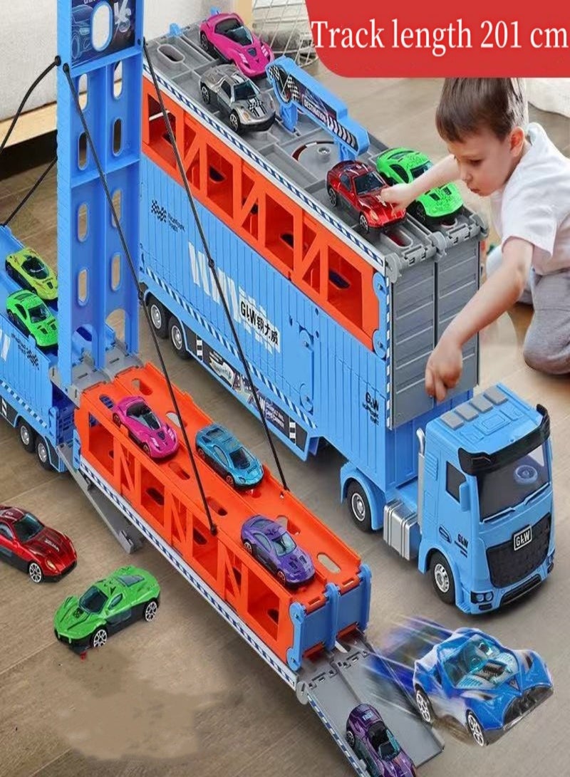 Folding Catapult Racing Car, Transformer Truck Toy，8PCS Alloy Car, Container Transportation Vehicle, Sounds and Lights, Foldable Track Toy Car Holiday Gifts for Boys and Girls, 3+ Years Old - Image 1