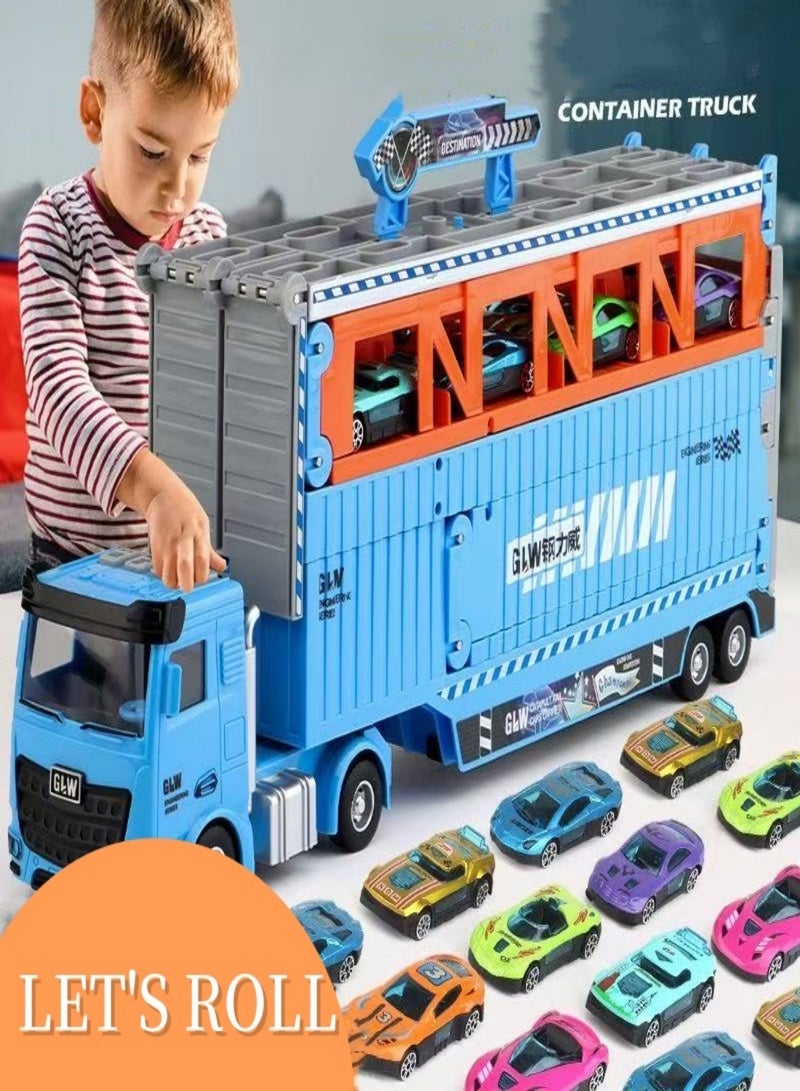 Folding Catapult Racing Car, Transformer Truck Toy，8PCS Alloy Car, Container Transportation Vehicle, Sounds and Lights, Foldable Track Toy Car Holiday Gifts for Boys and Girls, 3+ Years Old - Image 2