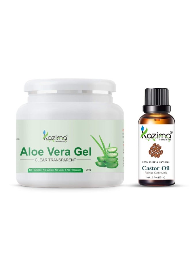 KAZIMA Aloe vera Gel Raw (250 Gram) and Castor Oil (15ml) - 100% Pure Natural Raw Combo Pack - Ideal for Hair, Skin, Face, Acne Scars - Image 1
