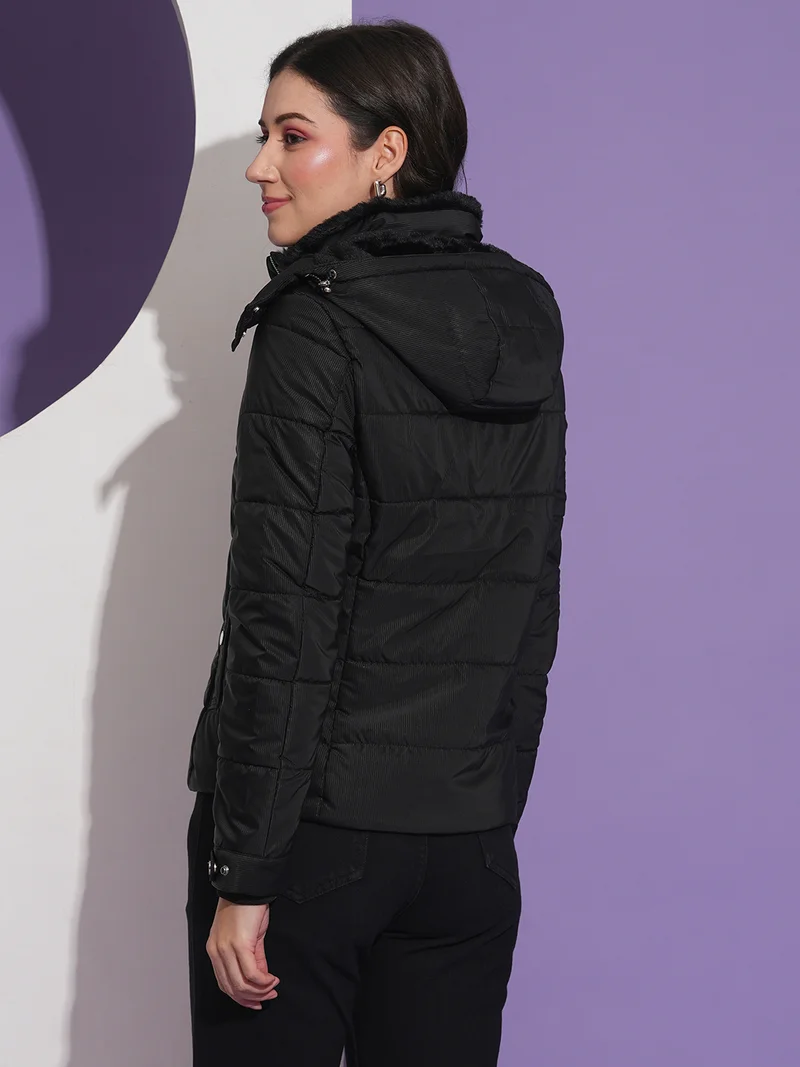 جلو باص Women Mock Neck Front Pockets Winter Wear Insulator Puffer Jacket With Detachable Hood