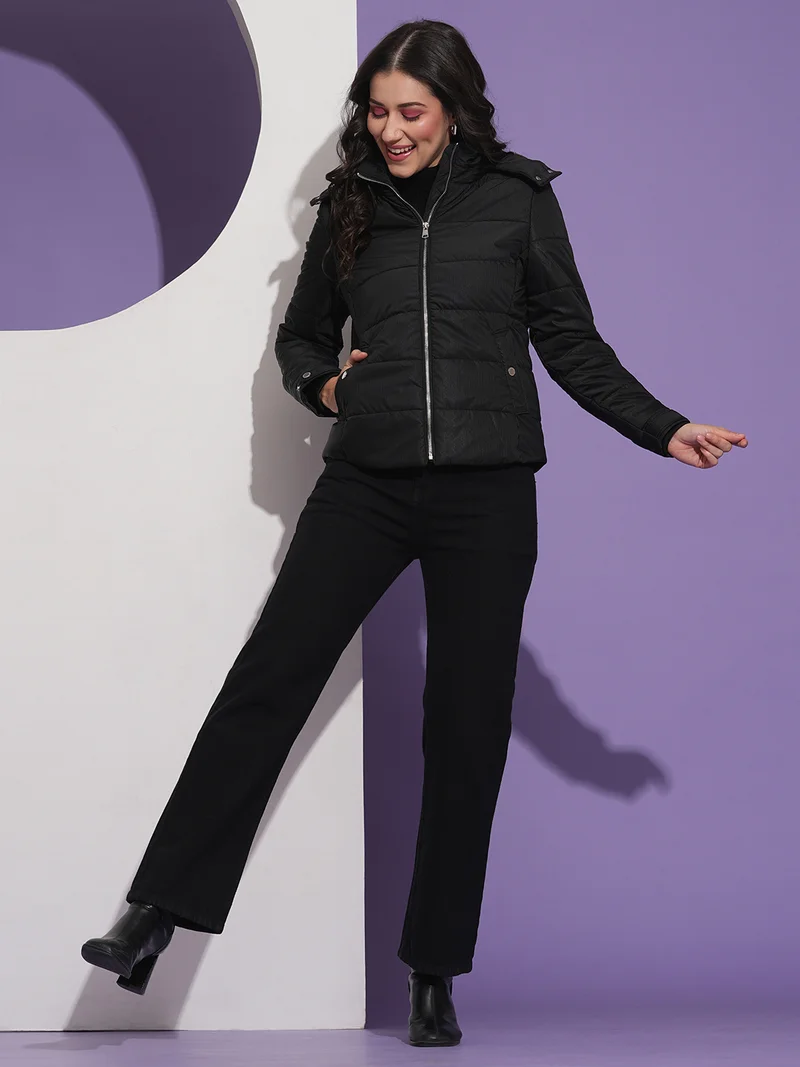 جلو باص Women Mock Neck Front Pockets Winter Wear Insulator Puffer Jacket With Detachable Hood