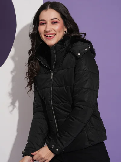 جلو باص Women Mock Neck Front Pockets Winter Wear Insulator Puffer Jacket With Detachable Hood