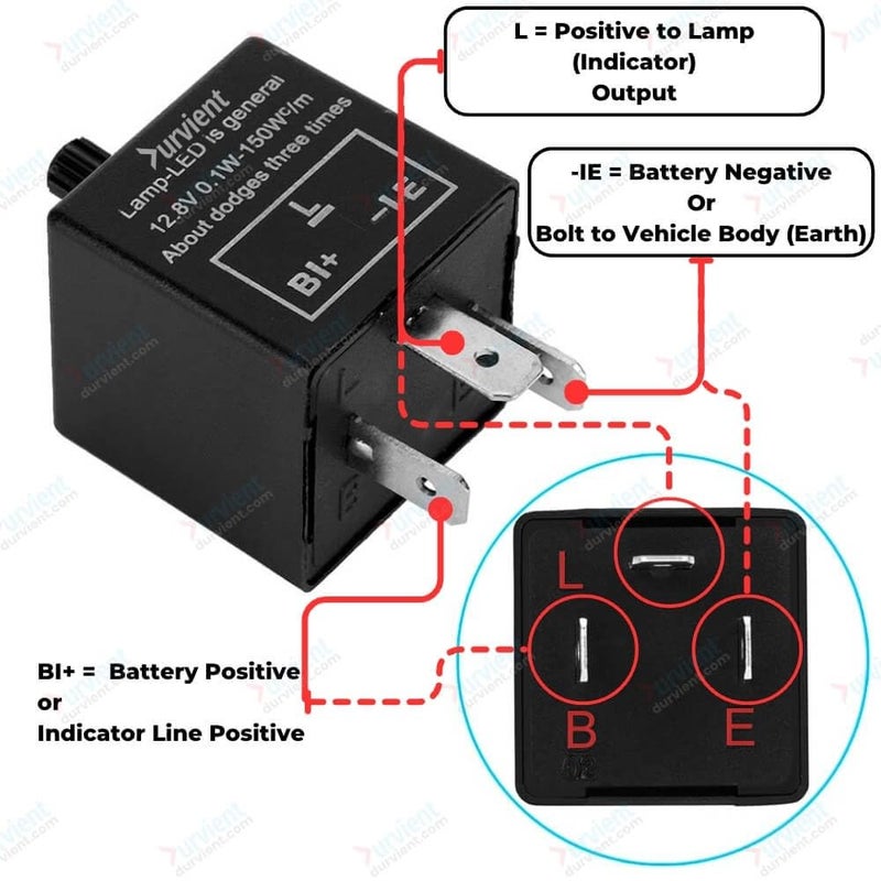 Durvient .com® 3 Pin LED Indicator Relay with Adjustable Flasher Blinker – Fixes Indicator Hyperflashing (12~15v) - Image 3